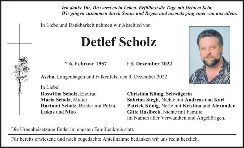 Traueranzeige Detlef Scholz