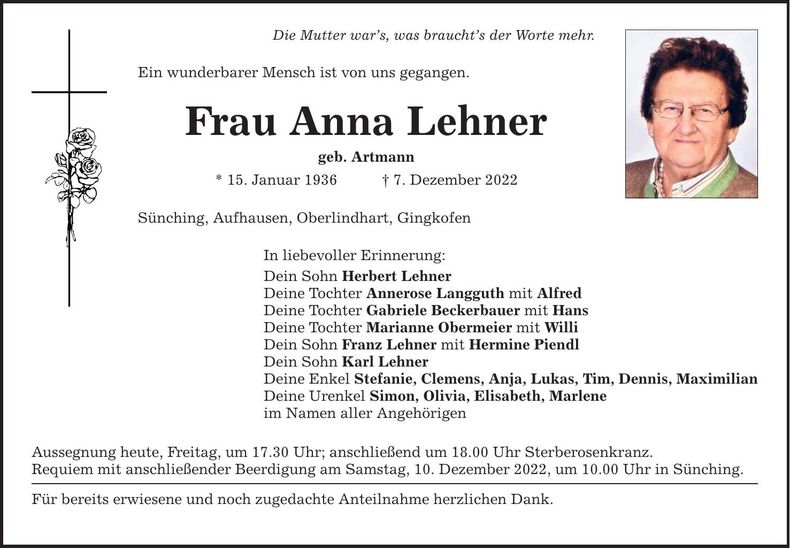Traueranzeige Anna Lehner