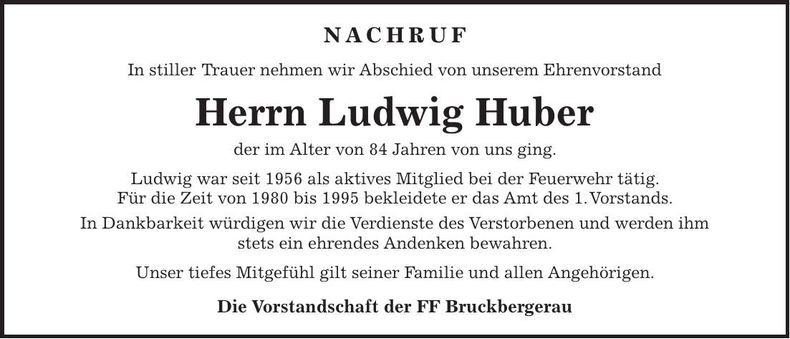 Traueranzeige Ludwig Huber