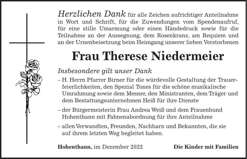 Traueranzeige Therese Niedermeier