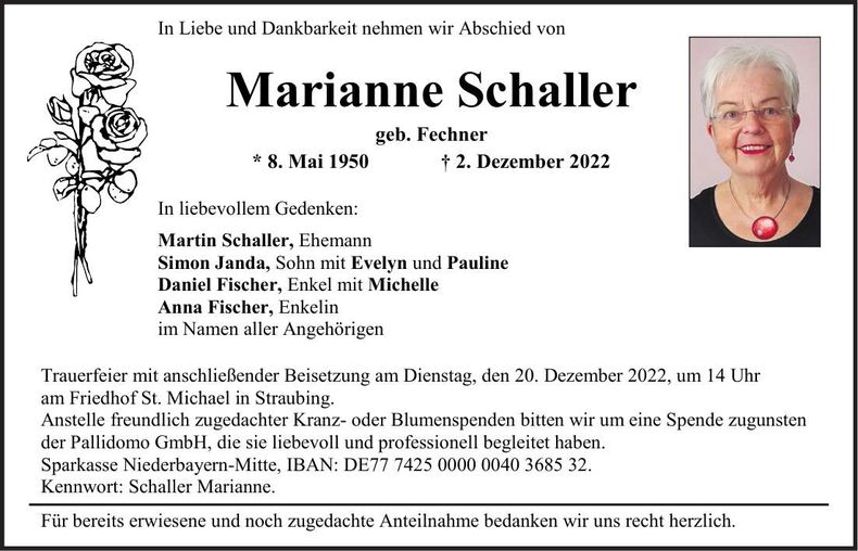 Traueranzeige Marianne Schaller