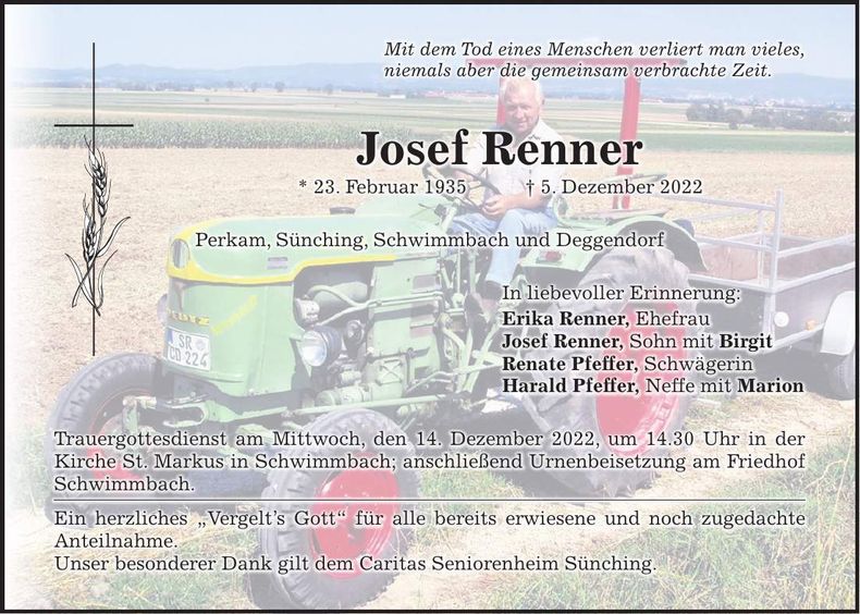 Traueranzeige Josef Renner