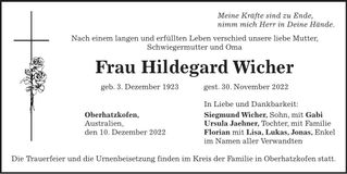 Traueranzeige Hildegard Wicher