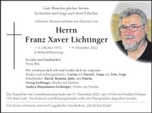 Traueranzeige Franz Xaver Lichtinger