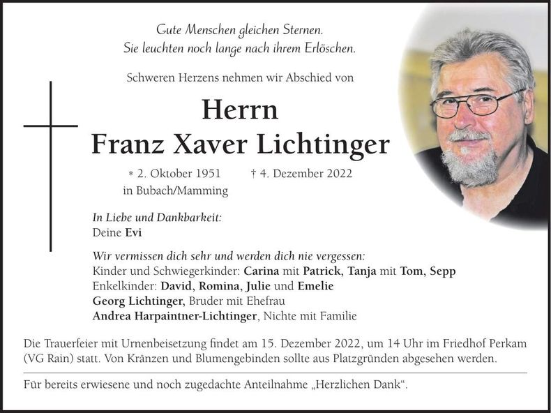 Traueranzeige Franz Xaver Lichtinger