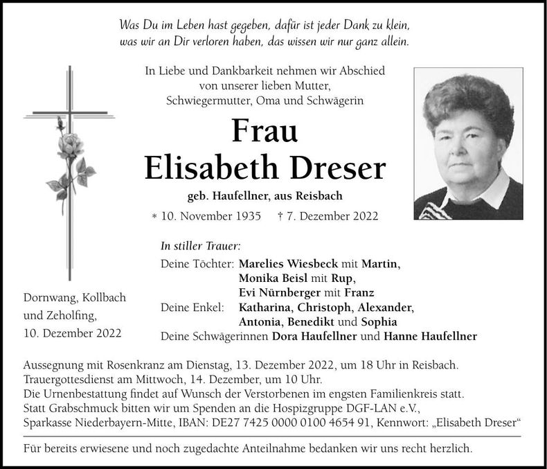 Traueranzeige Elisabeth Dreser