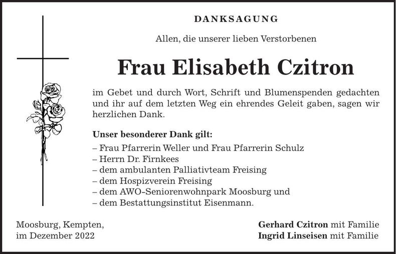 Traueranzeige Elisabeth Czitron
