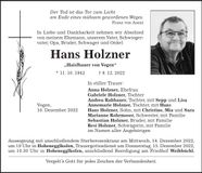 Traueranzeige Hans Holzner