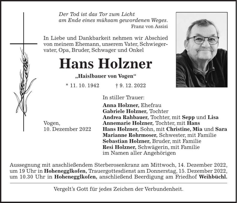 Traueranzeige Hans Holzner