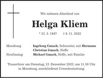 Traueranzeige Helga Kliem
