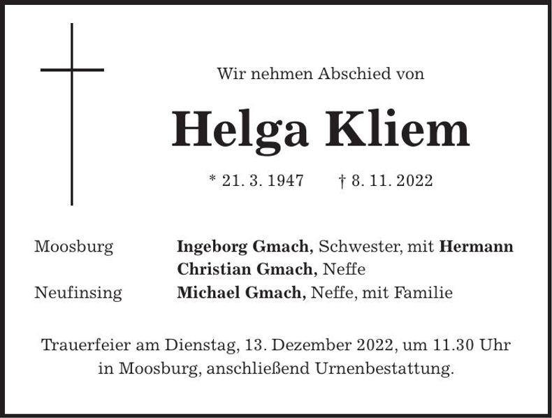 Traueranzeige Helga Kliem