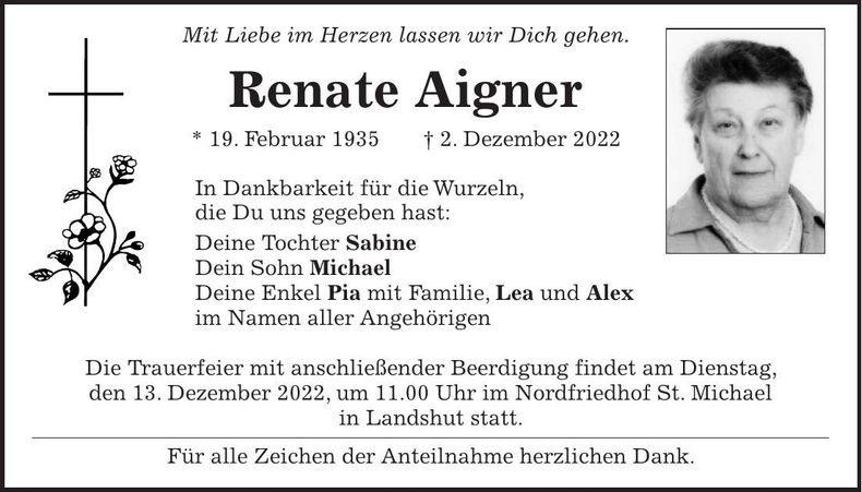 Traueranzeige Renate Aigner