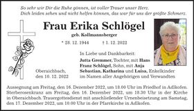 Traueranzeige Erika Schlögel