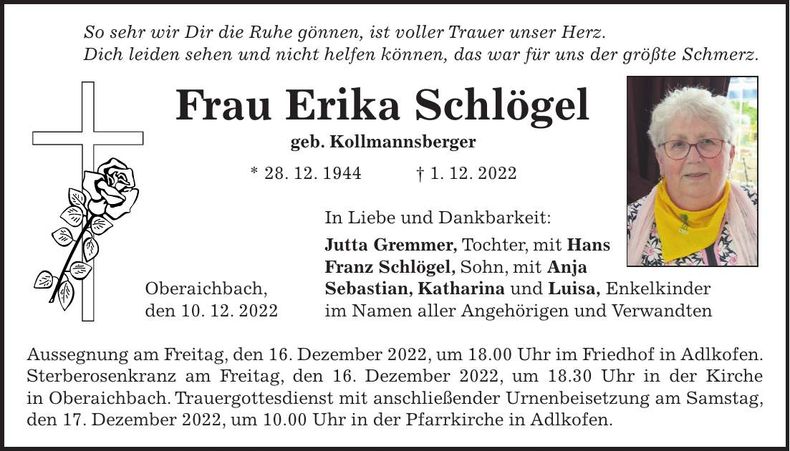 Traueranzeige Erika Schlögel