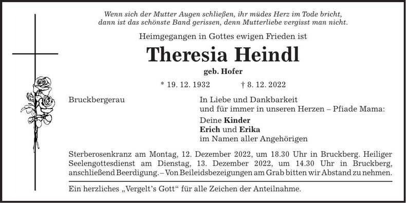 Traueranzeige Theresia Heindl