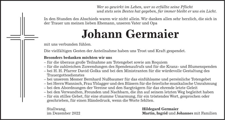 Traueranzeige Johann Germaier