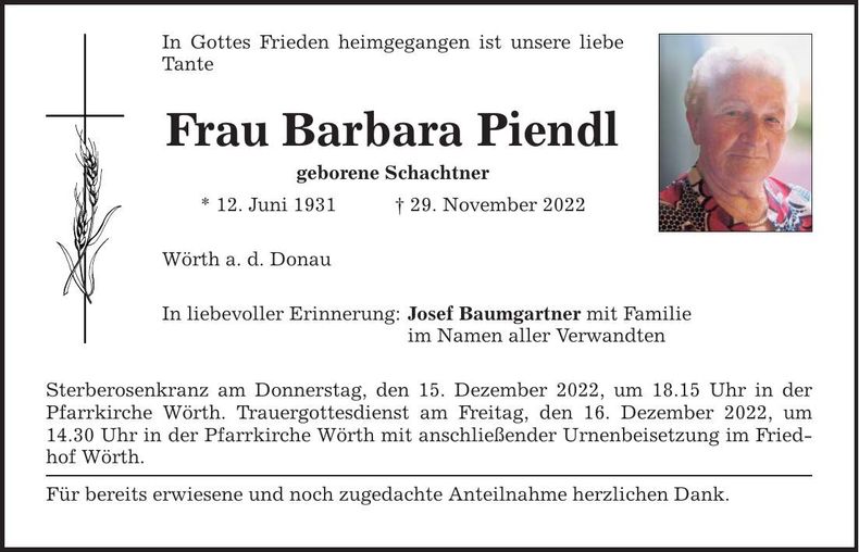Traueranzeige Barbara Piendl