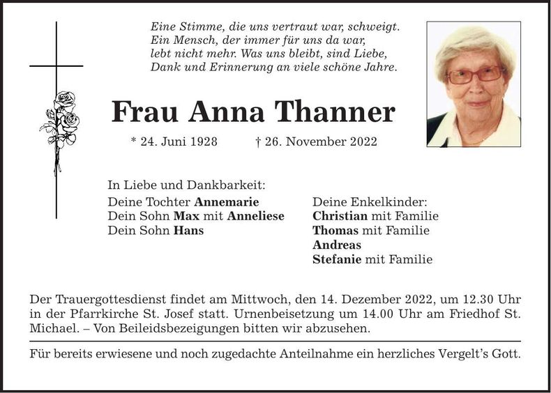 Traueranzeige Anna Thanner