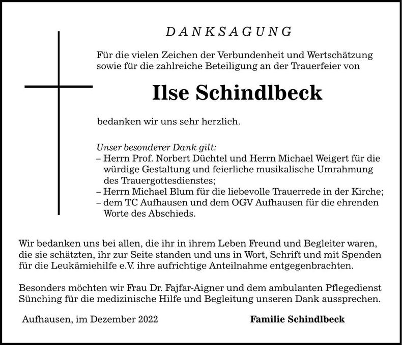 Traueranzeige Ilse Schindlbeck