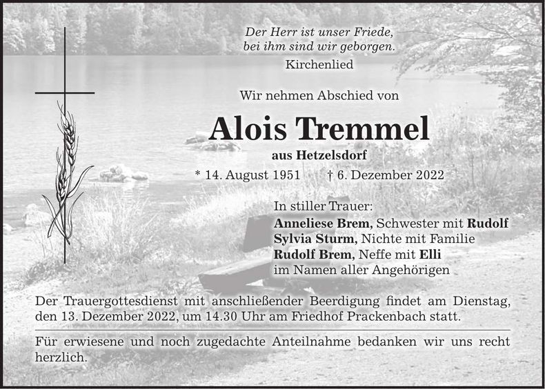 Traueranzeige Alois Tremmel