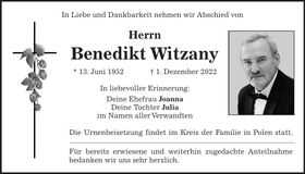 Traueranzeige Benedikt Witzany
