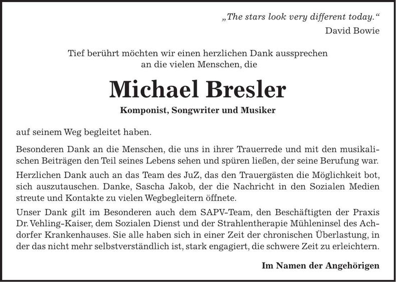 Traueranzeige Michael Bresler