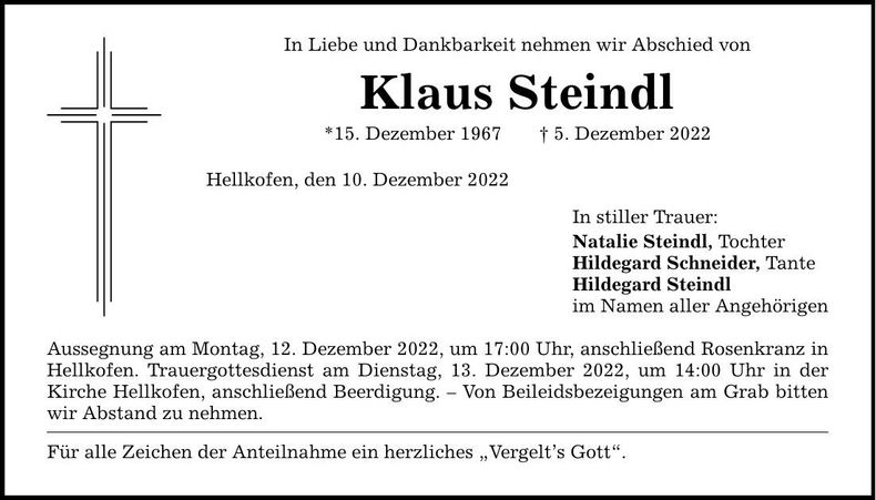 Traueranzeige Klaus Steindl