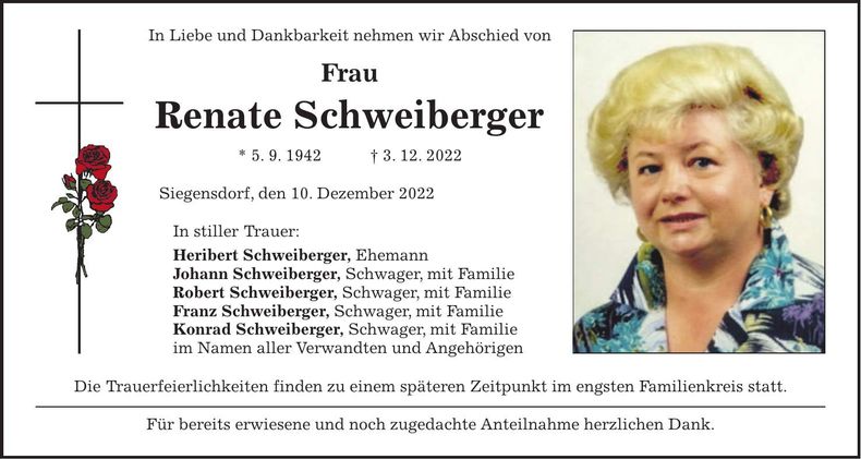 Traueranzeige Renate Schweiberger