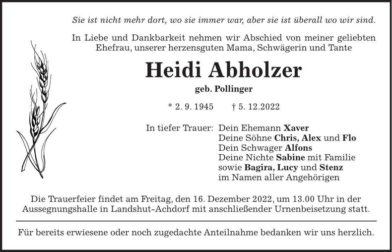 Traueranzeige Hiedi Abholzer