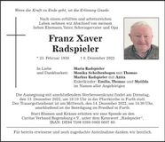 Traueranzeige Franz Xaver Radspieler