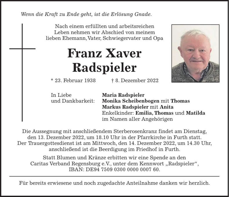 Traueranzeige Franz Xaver Radspieler