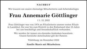 Traueranzeige Annemarie Göttlinger