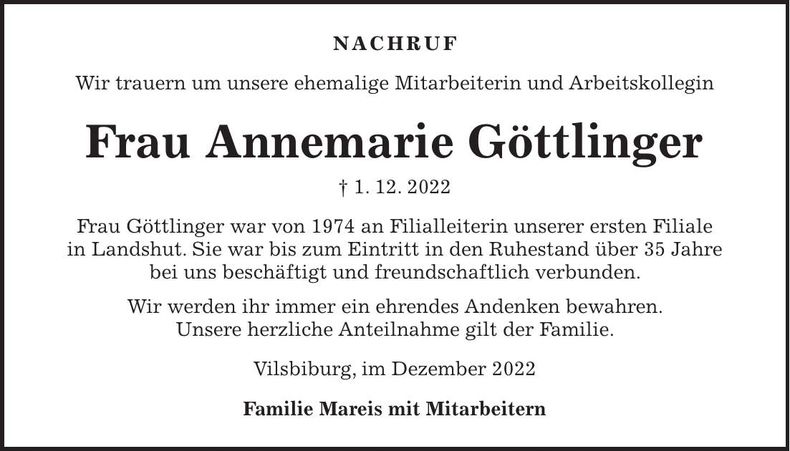 Traueranzeige Annemarie Göttlinger