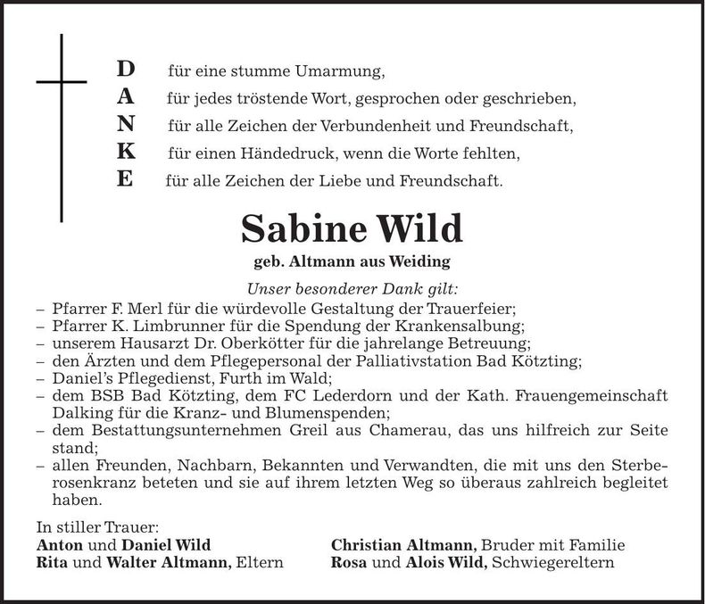 Traueranzeige Sabine Wild