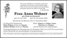 Traueranzeige Anna Wohner