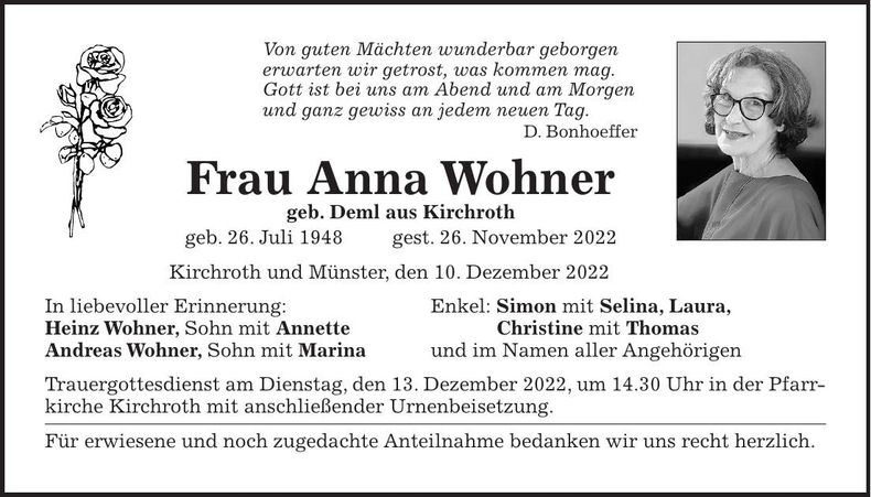 Traueranzeige Anna Wohner