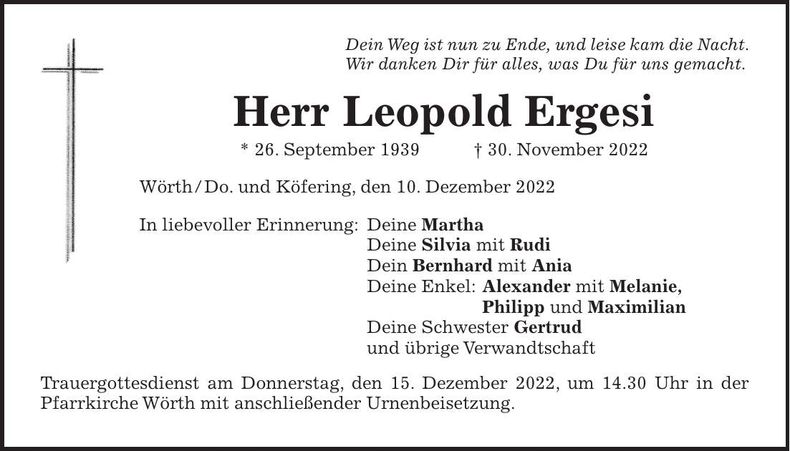 Traueranzeige Leopold Ergesi
