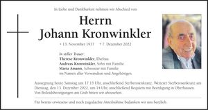 Traueranzeige Johann Kronwinkler
