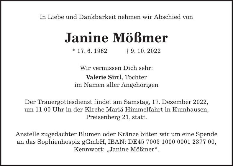 Traueranzeige Janine Mößmer