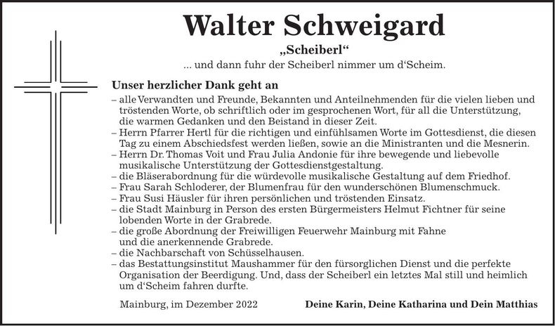 Traueranzeige Walter Schweigard