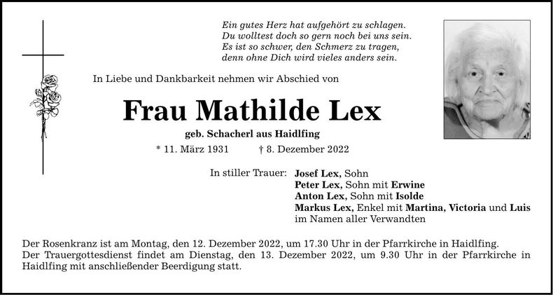 Traueranzeige Mathilde Lex