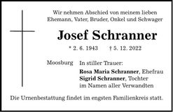 Traueranzeige Josef Schranner