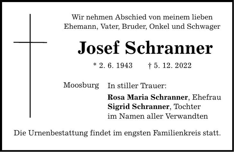 Traueranzeige Josef Schranner