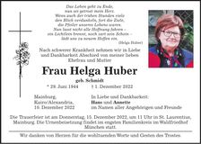 Traueranzeige Helga Huber