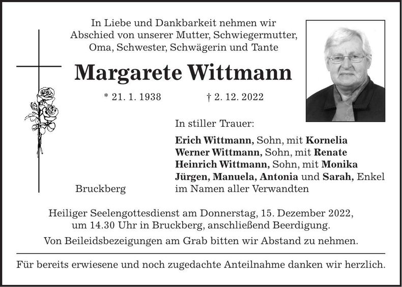 Traueranzeige Margarete Wittmann
