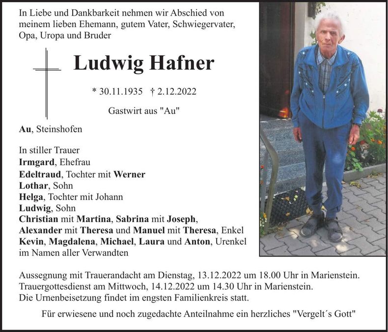 Traueranzeige Ludwig Hafner