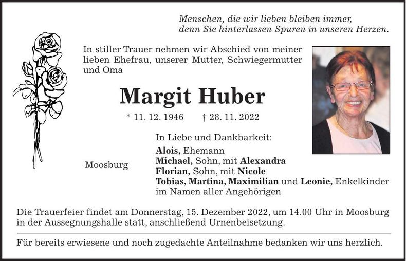Traueranzeige Margit Huber