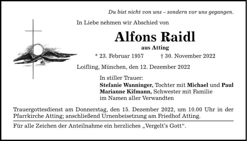 Traueranzeige Alfons Raidl