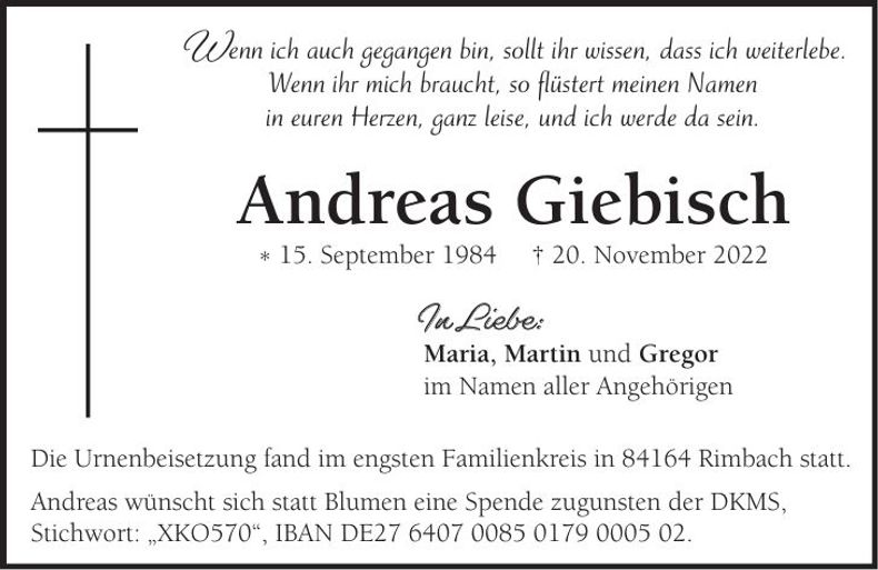 Traueranzeige Andreas Giebisch