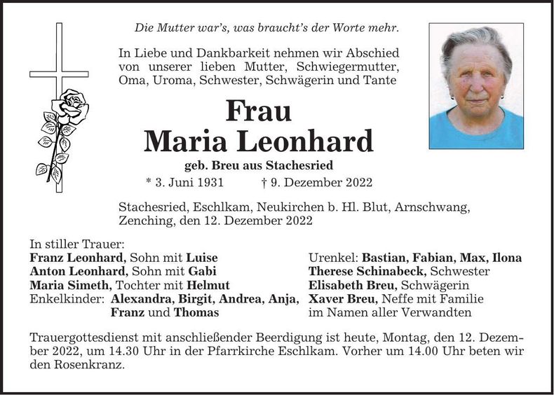 Traueranzeige Maria Leonhard